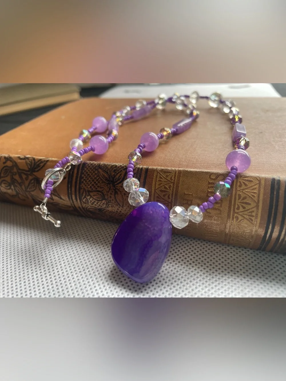 Handmade Purple Beaded Pendant Necklace - Elegant Women Jewelry